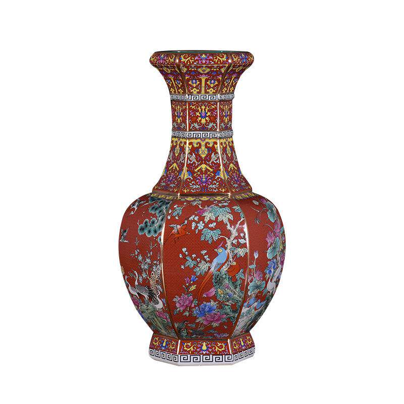 清乾隆年制珐琅彩描金蓝色花鸟六方瓶工艺品仿古瓷器古董古玩收藏