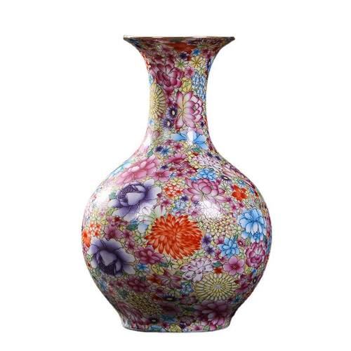 景德镇陶瓷琅彩花描YEE件金赏瓶中式家居客厅瓷器摆珐万工艺品礼