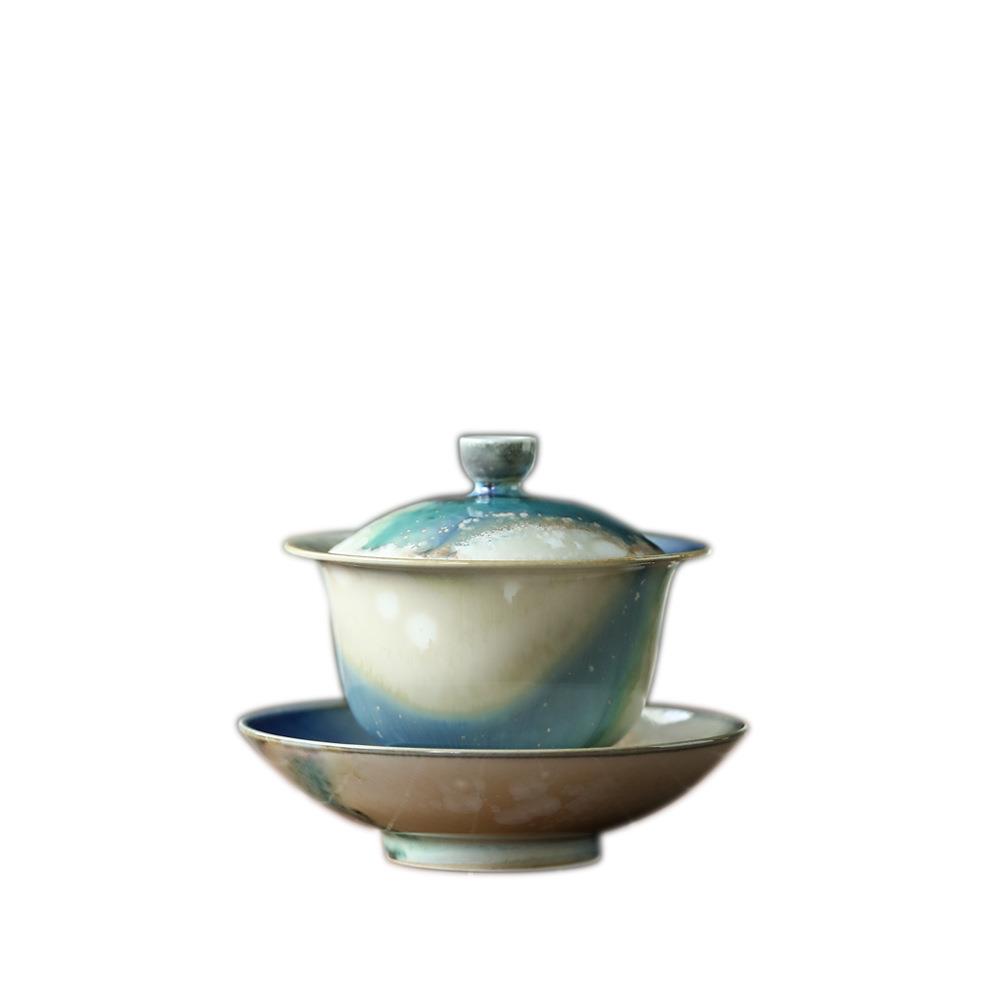 晴先生极光窑变系列温润蓝全手工三才盖碗泡茶碗主人杯品杯泡茶器