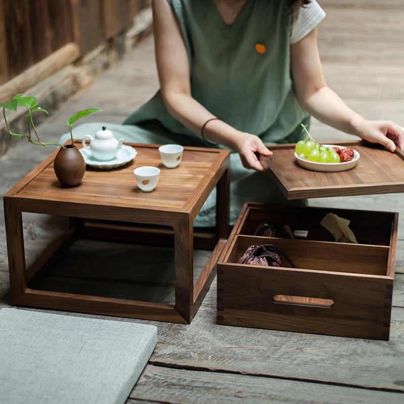 禅意小茶台茶桌飘窗桌日式榻榻米可收纳黑胡桃实木阳台茶几小桌子