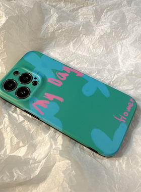 小众涂鸦绿色英文适用iphone14promax苹果13手机壳iphone12硅胶11保护套新款女款网红imd磨砂全包防摔个性