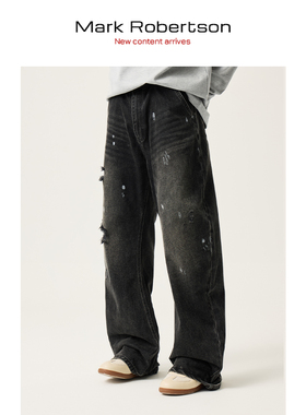 Mark Robertson弯刀黑色水洗刀割泼墨宽松牛仔裤复古宽松休闲加厚