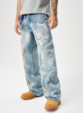 Mark Robertson2026新款美式复古泼墨做旧直筒牛仔裤男宽松阔腿裤