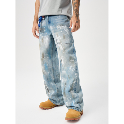 水洗泼墨牛仔裤美式复古宽松破洞