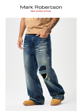 Mark Robertson宽松牛仔裤男士补丁长裤水洗做旧休闲裤冬季加厚女
