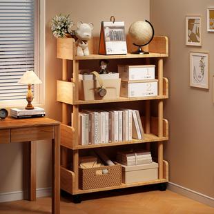 实木书架一体靠墙可移动带轮书柜置物架小推车儿童绘本架不占地方