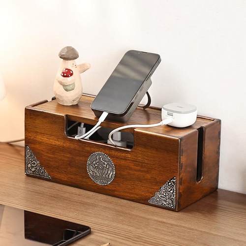 异丽实木电线插排收纳盒桌面插线板整理盒子插座电源数据线集线盒