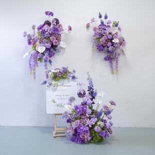 饰紫色壁挂花艺 婚礼装 KT板墙面摄影背景布置仿真绢花挂花地排花