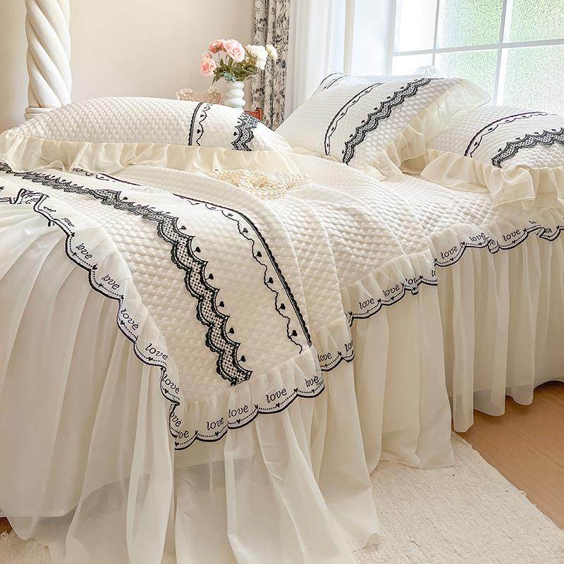 白色冰丝豆豆蕾丝凉席三件套雪纺花边公主风可折叠软席子高端床品