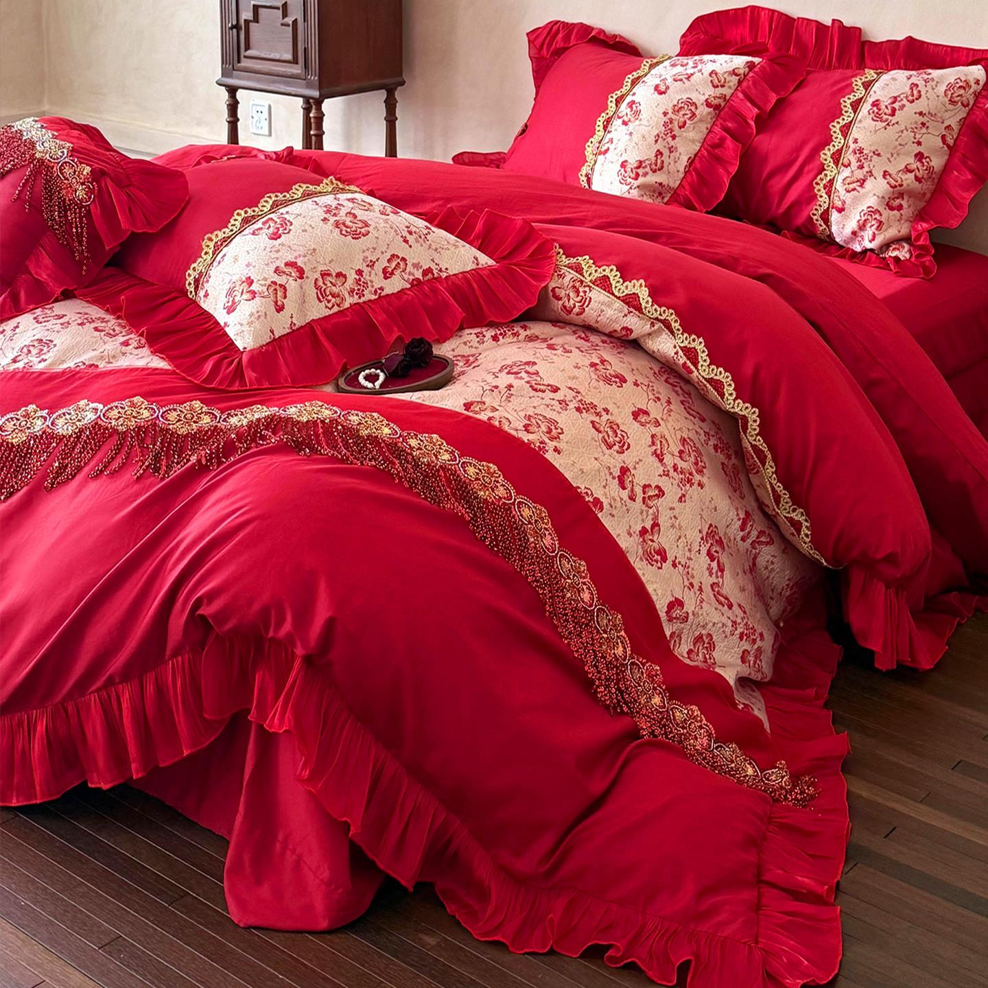 100支贡缎提花时尚结婚庆四件套高端红色被套全棉长绒棉床单床品