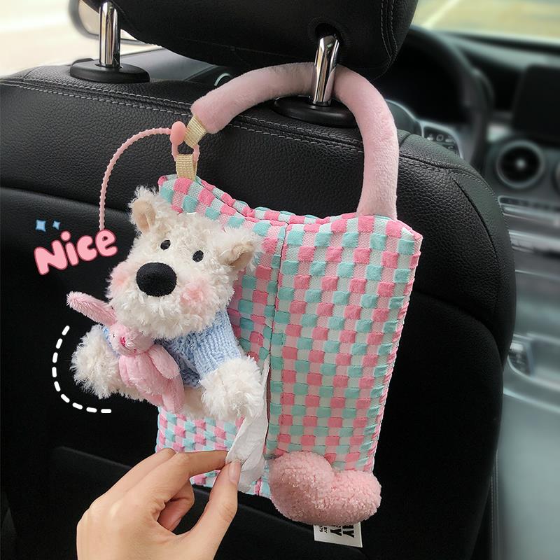 西高地纸巾袋挂式车载卫生纸盒可爱修狗玩偶公仔汽车座椅抽取式卫