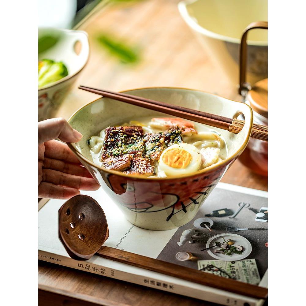 面食专用碗，双耳陶瓷面汤碗，可爱方便面碗，竹帽面碗，面碗，家