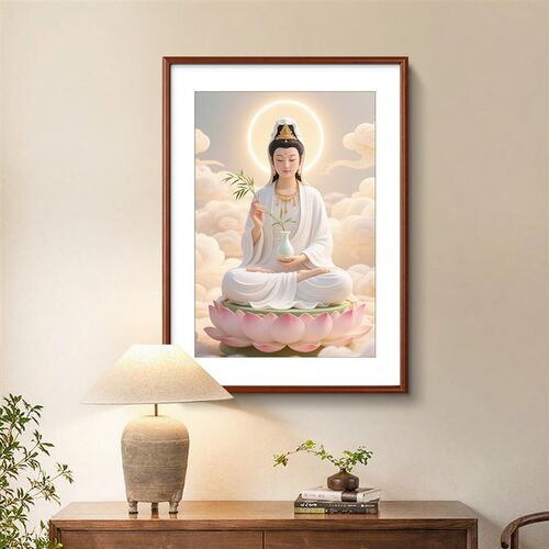 观世音画像坐莲观音挂画客厅装饰画书房茶室玄关画供奉神像实木框