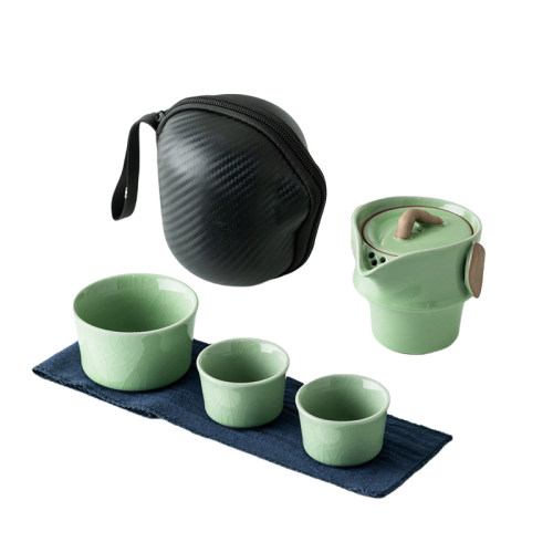 汝窑陶瓷功夫快客杯一壶三杯便携式旅行J茶具小套装户外泡茶壶出