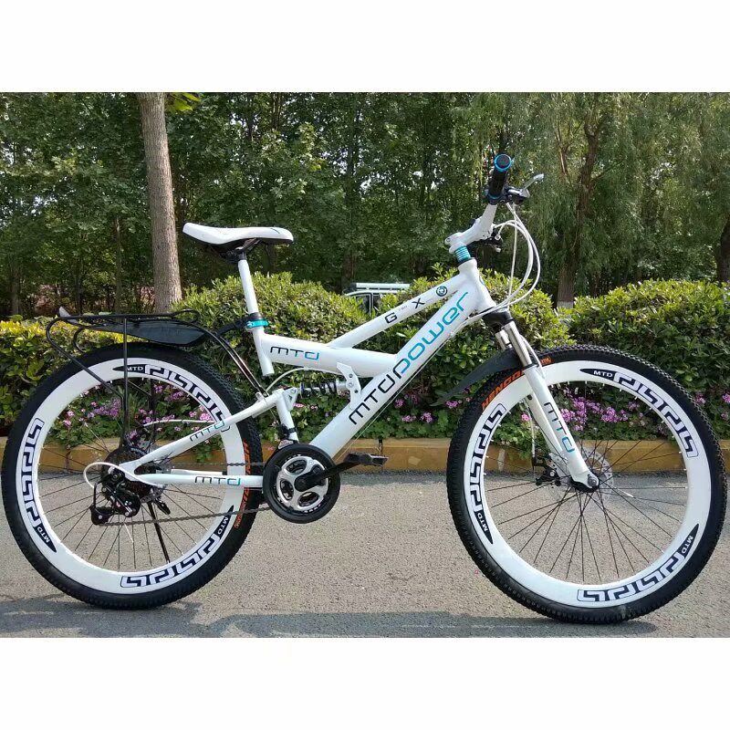 山地自行车男女变速越野赛车26双碟刹山地车减震带后座.可带人单