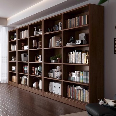 速发全实木家用胡架书桃物色整墙一体落地置木架靠墙客厅储物组合