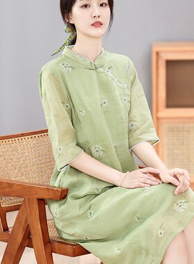 速发个清新旗袍年轻款高端气夏棉麻连衣裙质季中长款绿色裙子小小