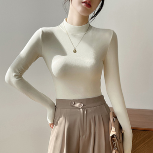 速发杏色半高领打底衫 T4202恤新 内搭秋冬磨毛加绒上长小立领衣袖