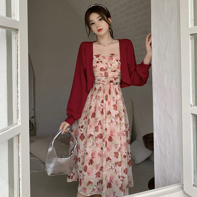 速发大码温柔高妹古连衣裙夏季胖复妹风级感气质碎花吊带裙套装