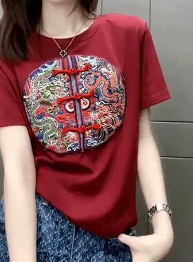 速发红色t2爆恤024新款款款设计感小众新中式装中国风上衣衫