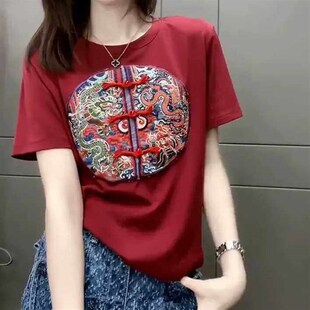 速发红色t2爆恤024新款款款设计感小众新中式装中国风上衣衫