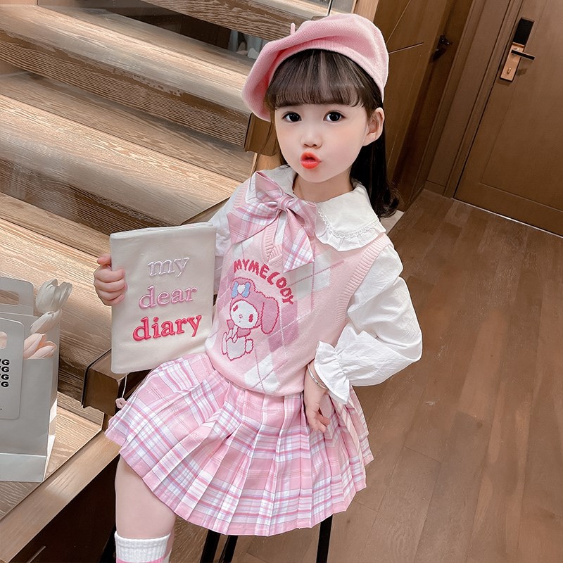 速发.童蒂马甲JK裙三件风新款春宝学宝院套制服套装裙子