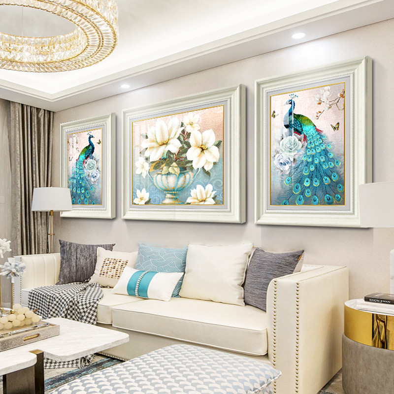 速发欧式孔雀三联画大挂画客厅沙发背景墙后面装饰气简约餐厅壁画