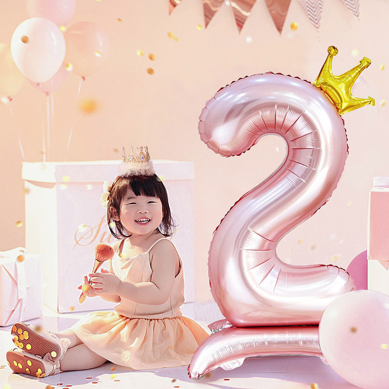 速发气4寸带底座大号粉色数字铝膜2球生日装饰场景布置男孩周岁拍