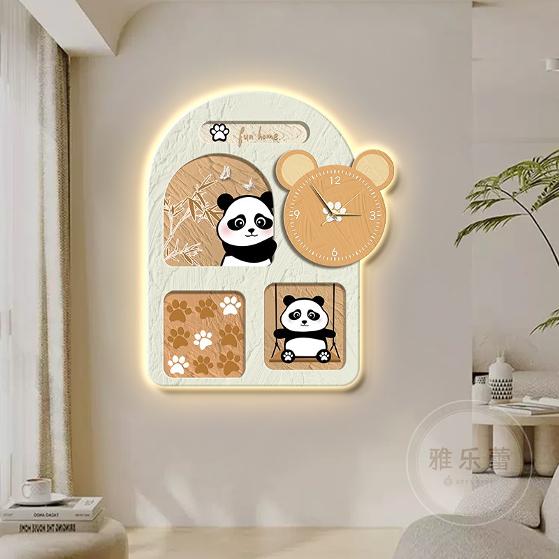 速发奶油风熊猫餐厅装饰画钟表挂钟客厅高级感壁灯画简约饭厅挂画