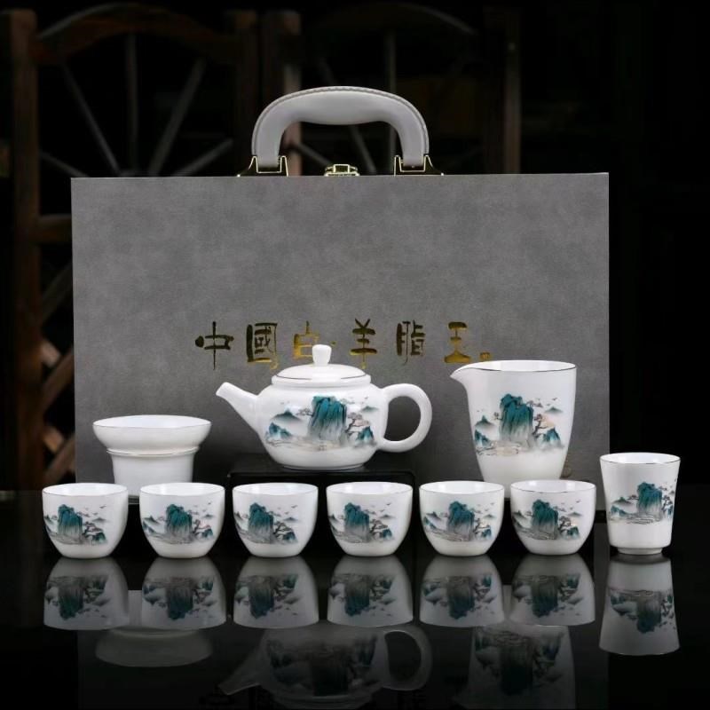 速发霞齐高端羊脂山白瓷功夫茶具套装千里茶玉家用茶壶盖碗江杯企
