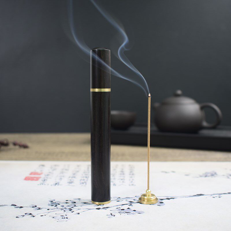 速发黑线木香筒香管镶黄铜短款实木装香木质储存便携式随身长款檀