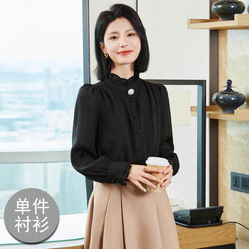现货黑色立领木耳边雪纺衬衫女2024F秋季洋气减龄长袖衬衣气通勤