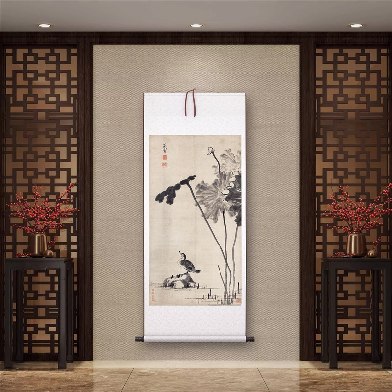 速发朱耷《荷花水禽》中式客厅中堂挂画玄关茶室水墨植物装饰画高