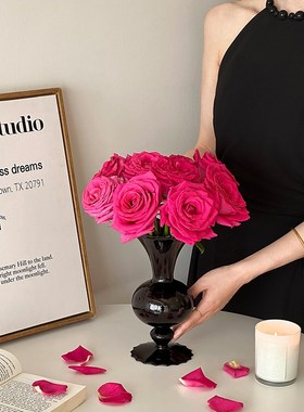 速发风感花高黑色级瓶玻璃插花玫瑰假花客厅餐桌摆件