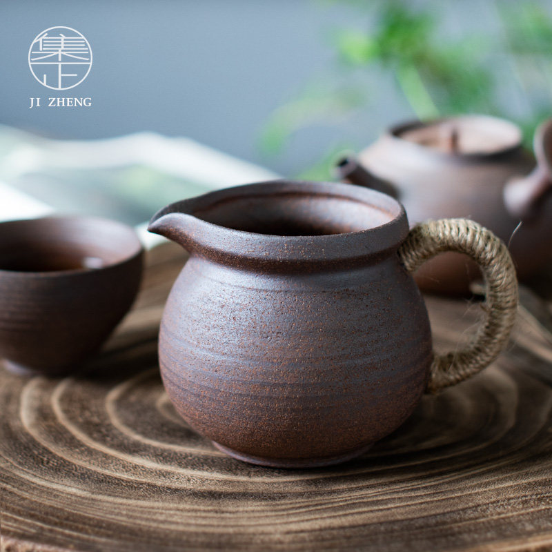 速发集正 复古无道粗陶麻绳把分茶杯公釉杯分茶器老岩泥茶海陶瓷