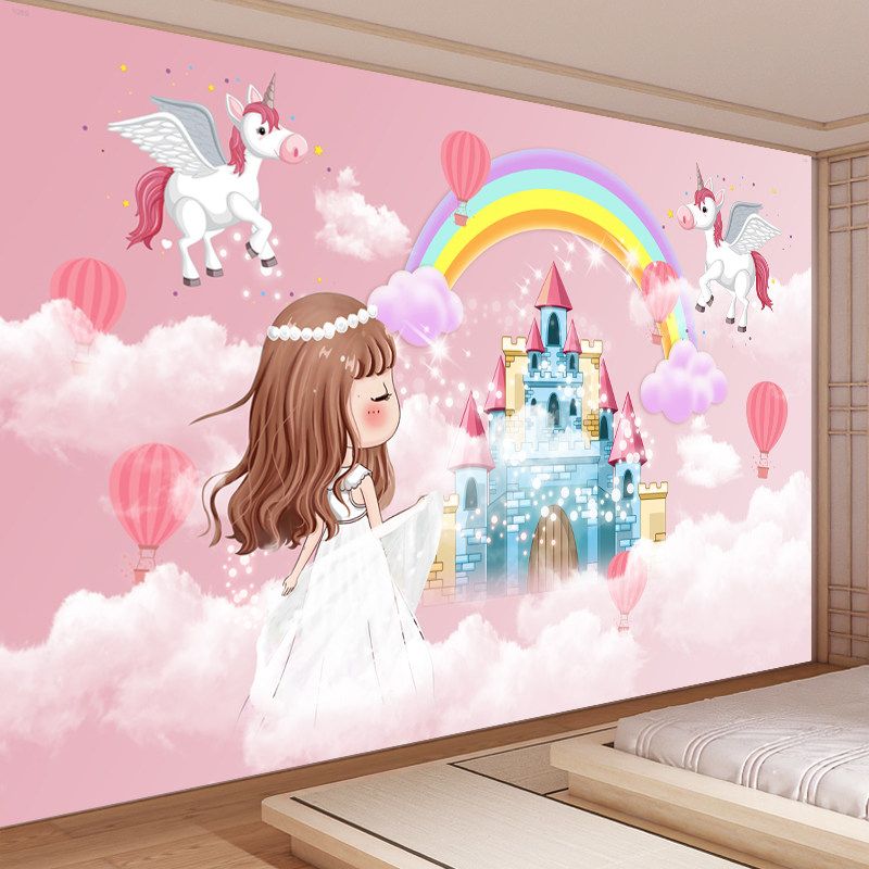 现货速发自粘壁纸儿童房装饰画卧室背景墙画可爱粉色公主温馨墙贴