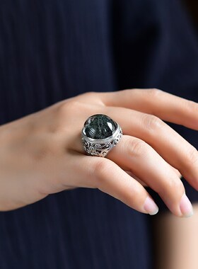速发聚宝盆绿幽灵复古银镶嵌戒子手工个性指环礼物饰品