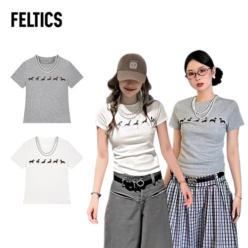 FELTICS带项链的小狗短袖正肩印花T恤