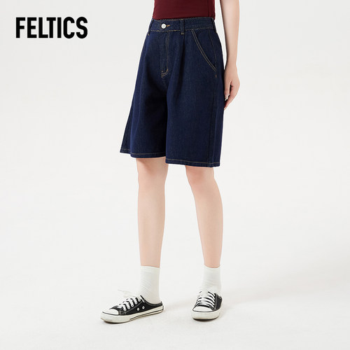 FELTICS三色皮标签短牛仔裤