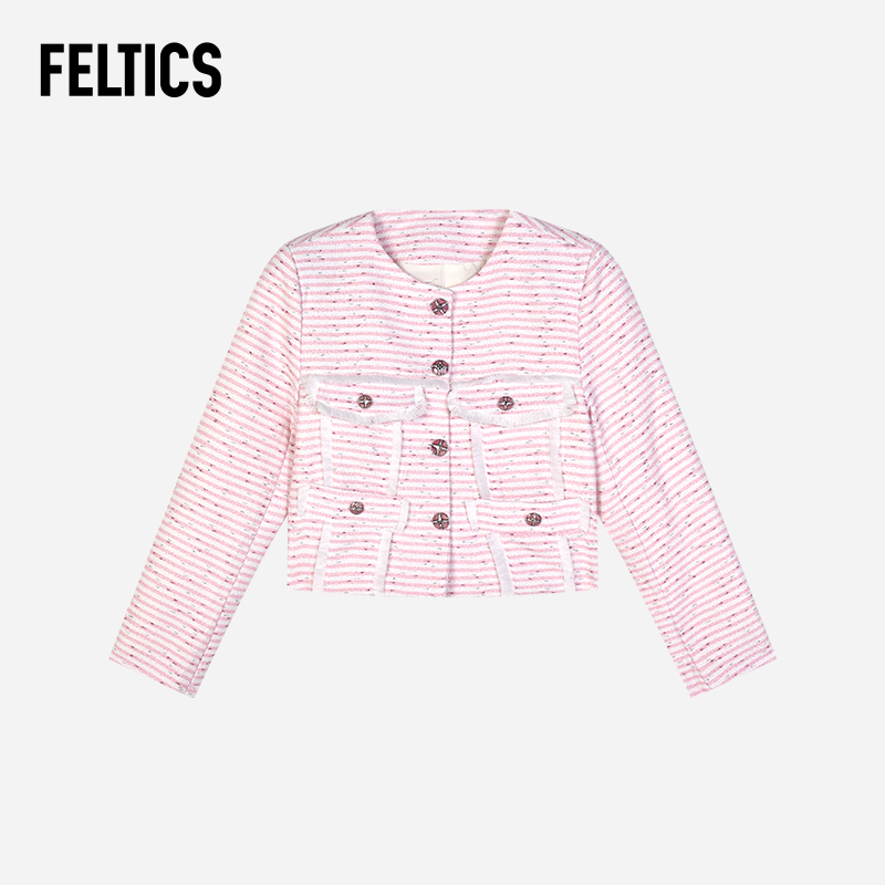 FELTICS新款粉条纹小香风外套女短高级感气质编织上衣