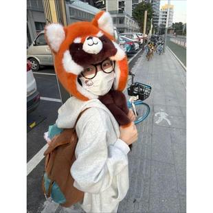 小熊猫雷锋帽子尾巴耳朵会动小浣熊毛绒卡通帽子女冬季学生保暖