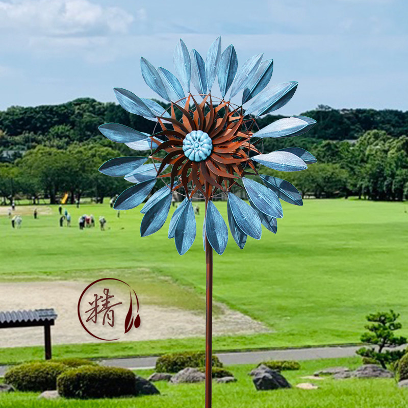 户外花园装饰造景布置铁艺双面风车旋转落地摆件庭院别墅复古模型