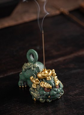 创意元宝金毛吼招k财摆件国潮貔貅线香插香托香道家居客厅桌面装
