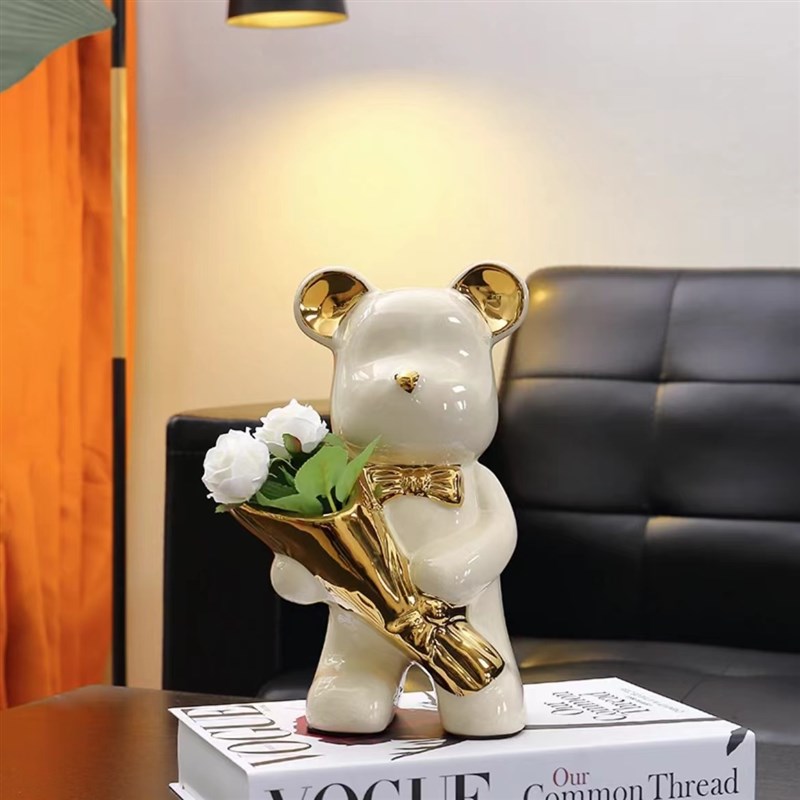 捧花熊摆件可爱风轻奢简约高档陶瓷玄关客厅酒柜电视Z柜装饰摆件