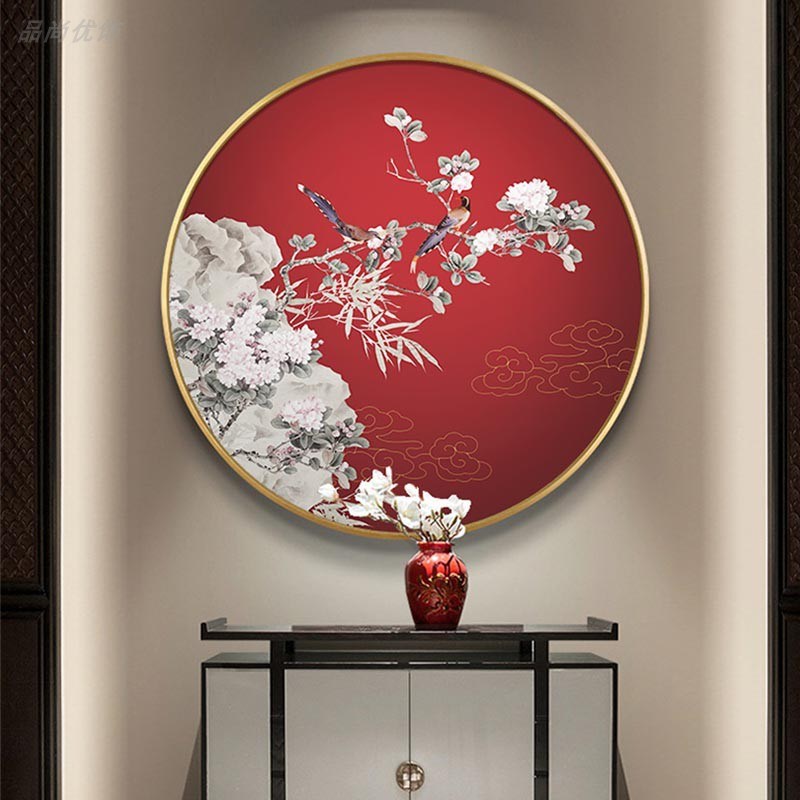 新中式玄关装饰i画圆形山水画客厅沙发背景墙面壁画办公室茶室挂图片