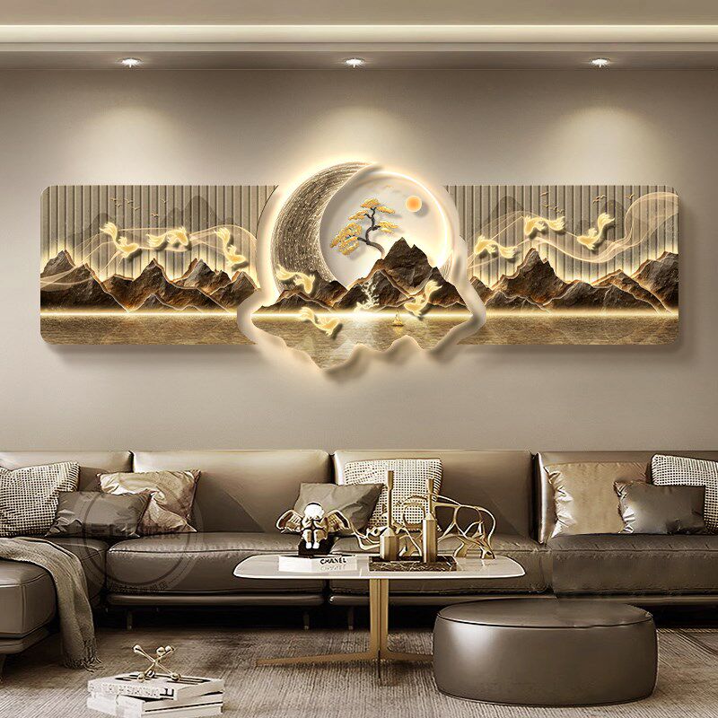 新中式客厅装饰画流水生财九鱼图轻奢高级感山水画沙发背景墙挂画