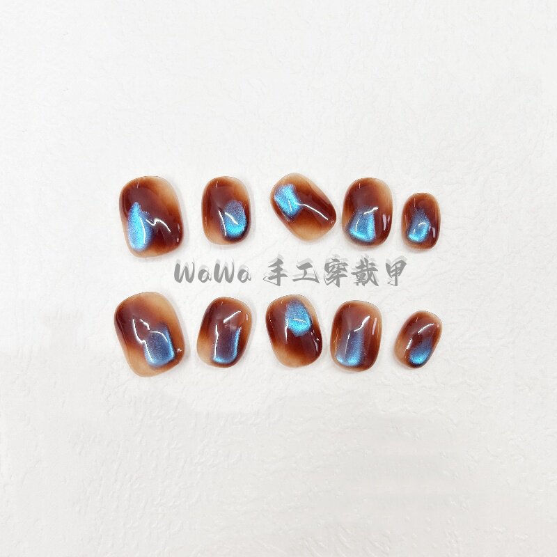 轻奢精致孔雀蓝棕色猫眼穿戴美甲