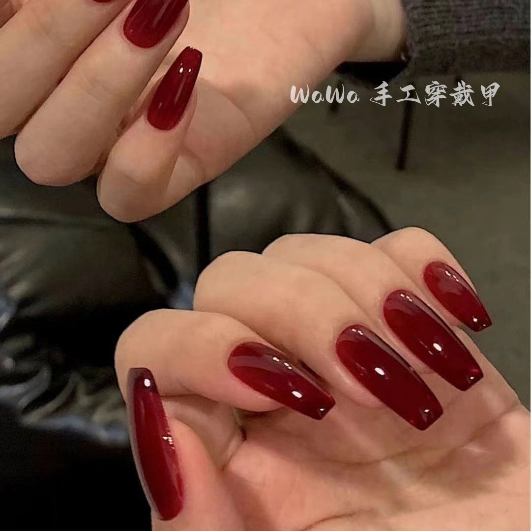 手工定制显白牛血色冰透红酒红色纯色欧美甲片成品美甲穿戴甲长梯,彩妆/香水/美妆工具,穿戴甲/甲片,淘宝优惠券,粉丝福利购,淘宝优惠卷