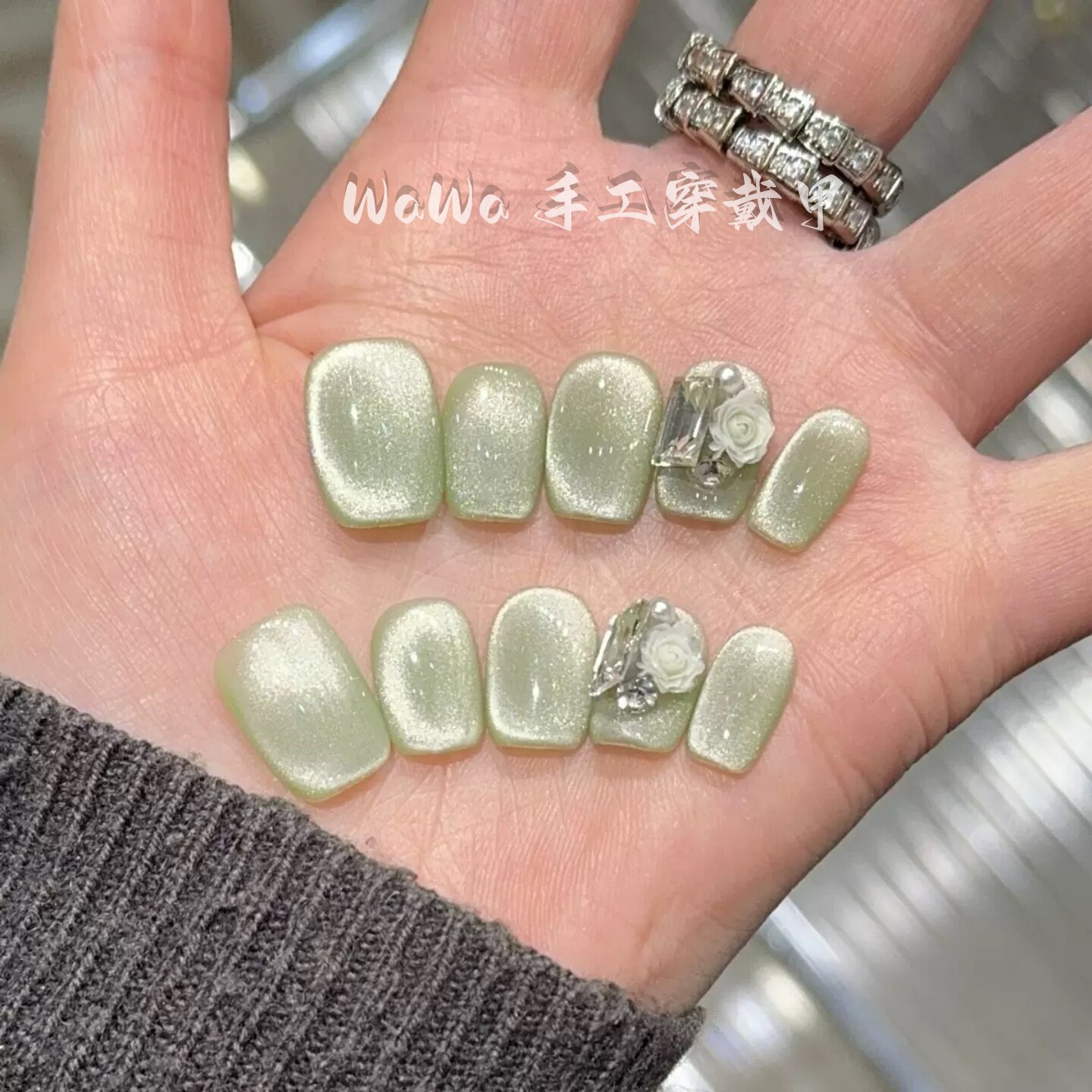 手工雨前龙井猫眼花朵方钻穿戴甲