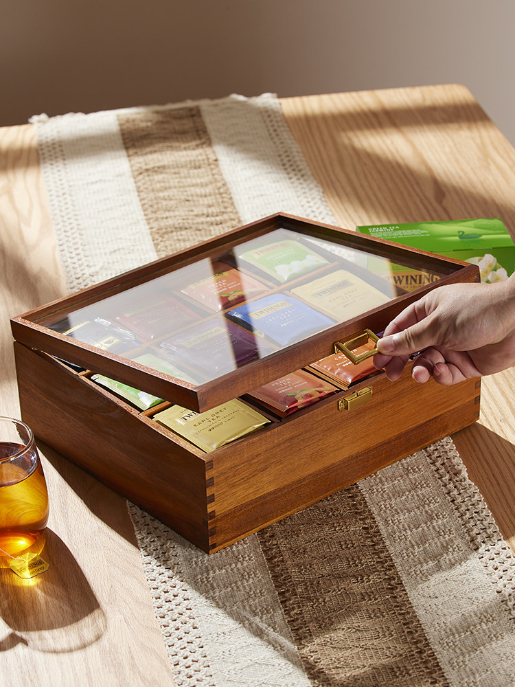 咖啡茶包收纳盒分格带玻璃盖实木桌面戒指首饰手表文玩手串收藏盒